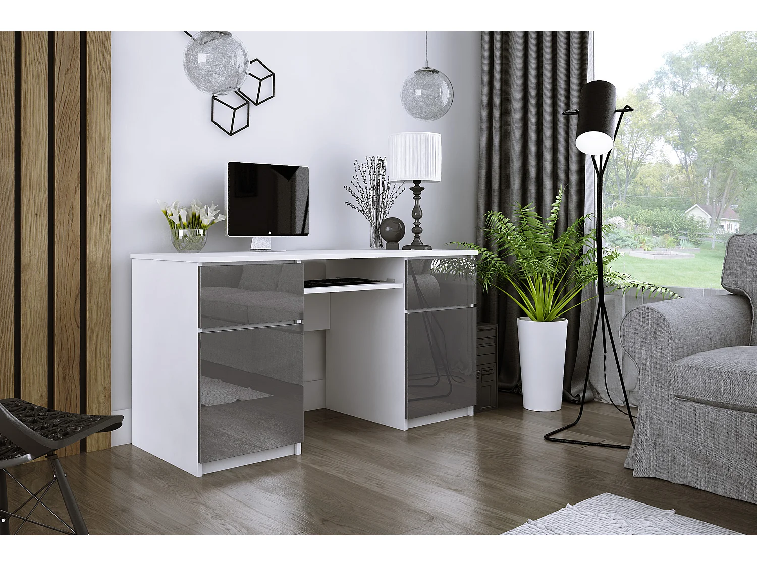 Bureau: 2 lades, mat wit / glanzend grijs, 135 x 77 x 50 cm