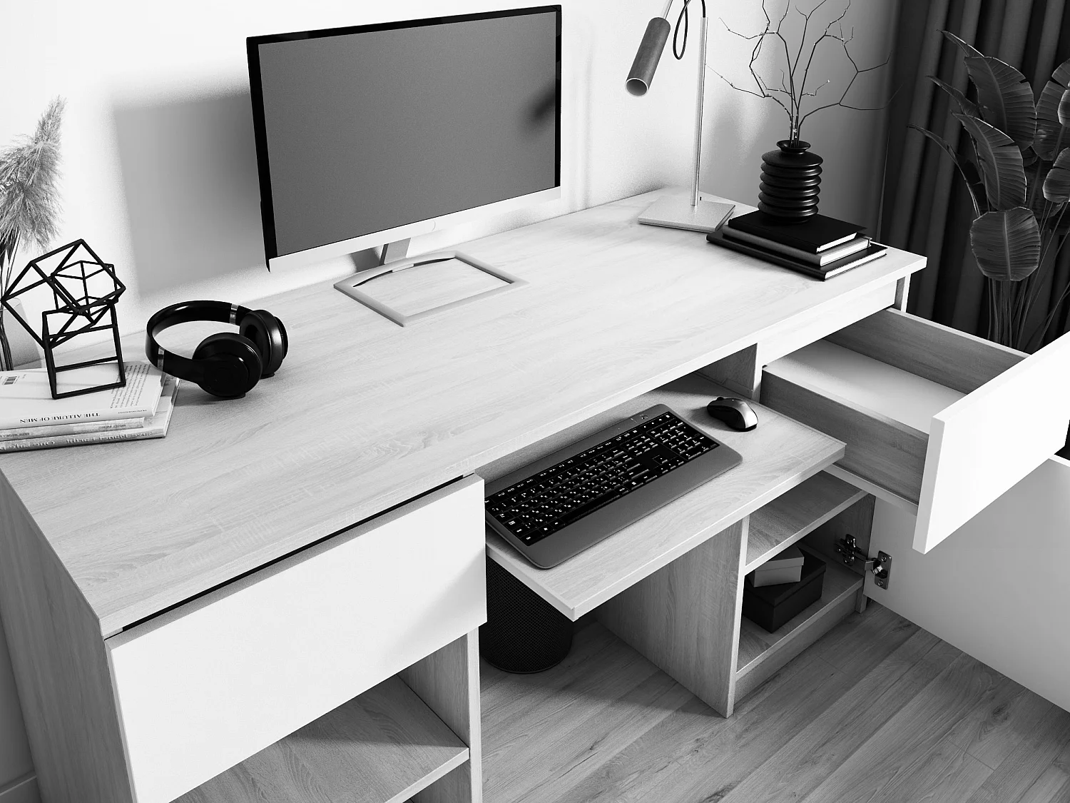 Bureau: 2 lades, mat wit / glanzend grijs, 135 x 77 x 50 cm