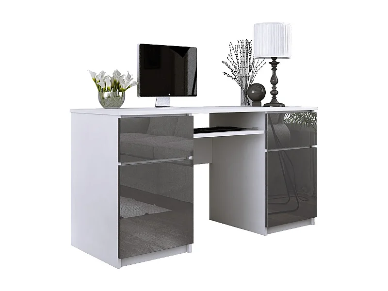 Bureau: 2 lades, mat wit / glanzend grijs, 135 x 77 x 50 cm