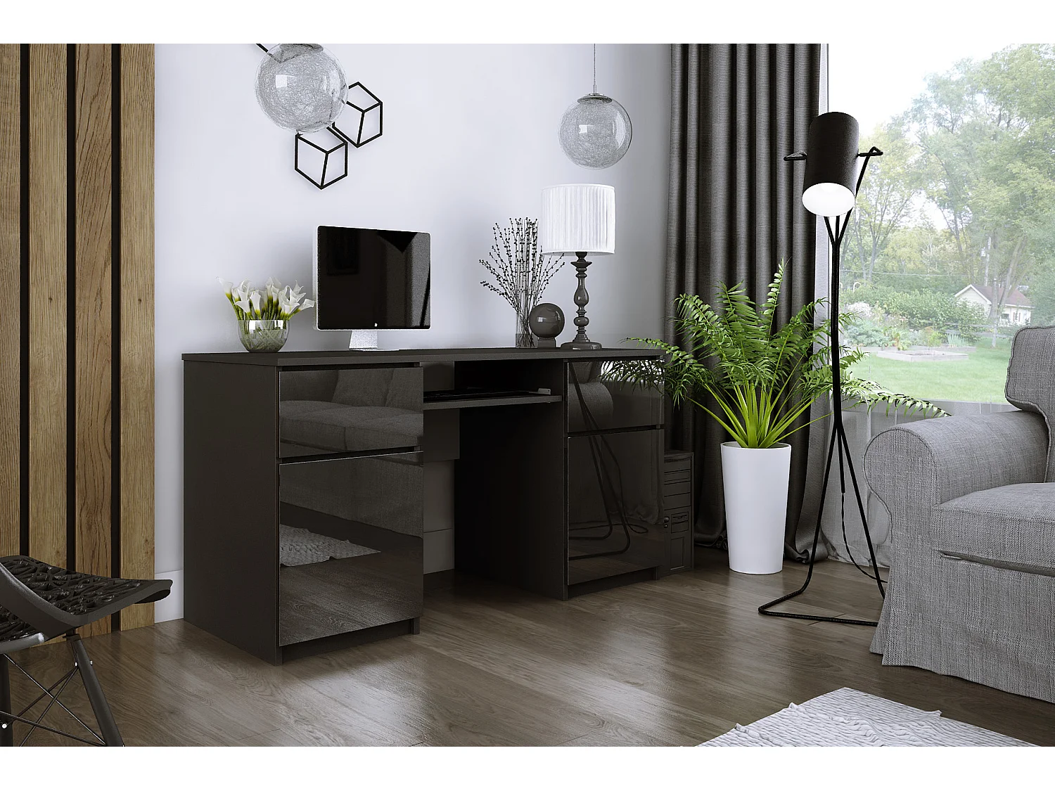 Bureau : 2 Tiroirs, Noir Mat / Noir Brillant, 135 x 77 x 50 cm