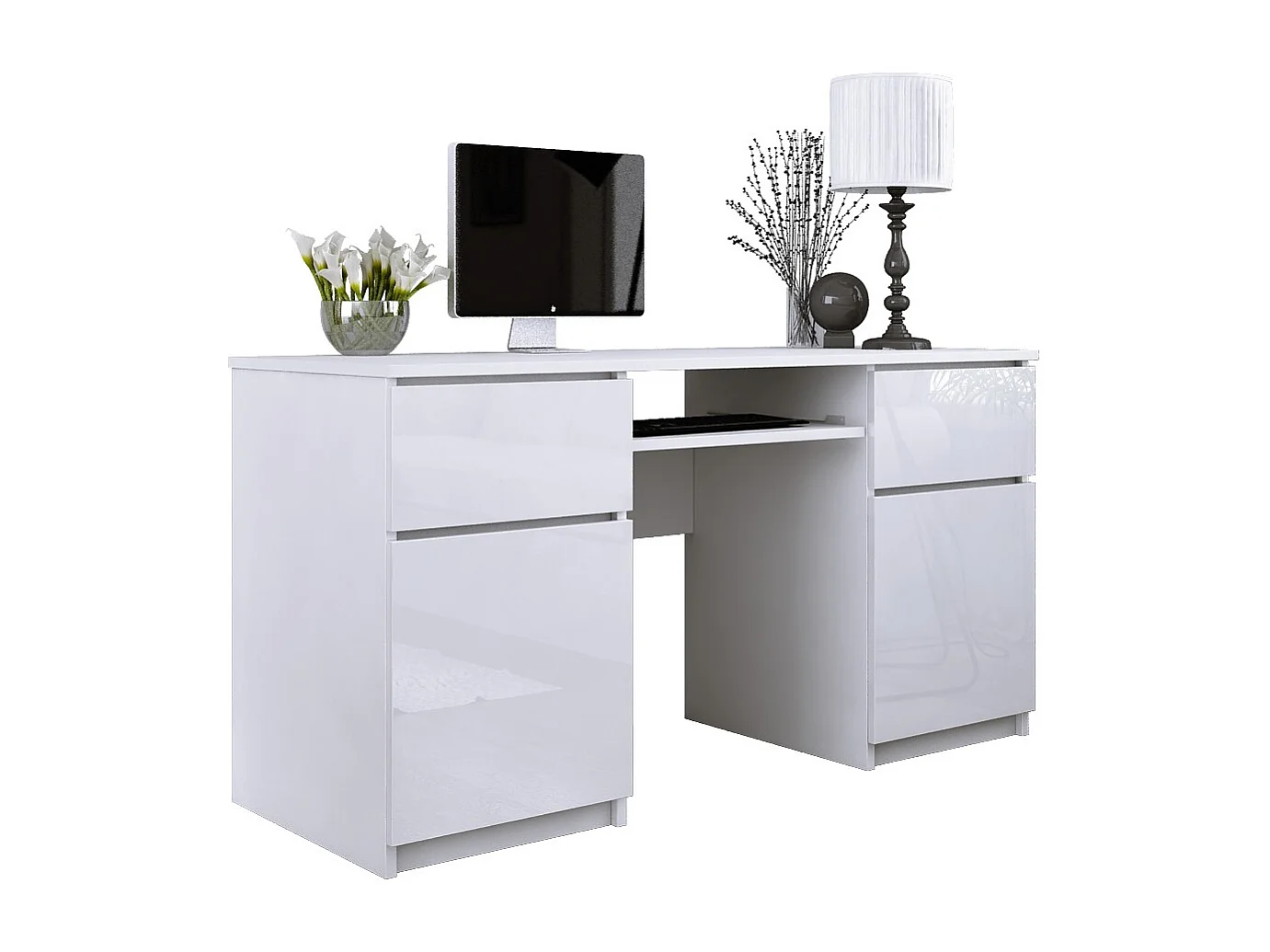Bureau : 2 Tiroirs, Blanc Mat / Blanc Brillant, 135 x 77 x 50 cm