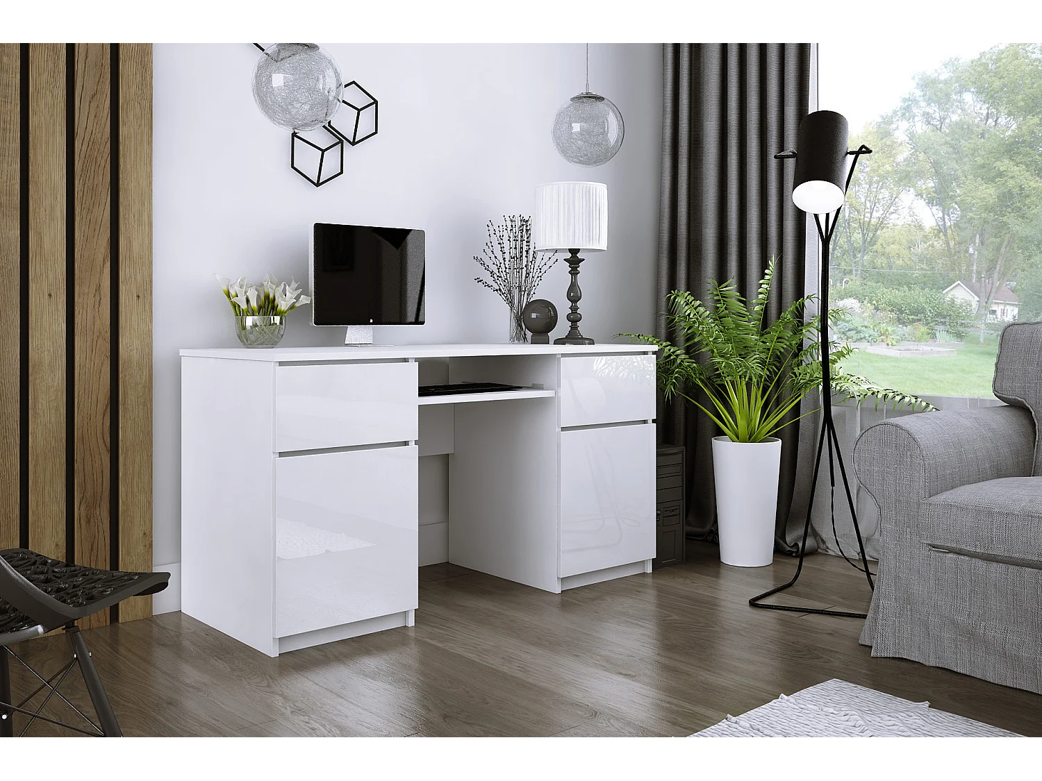 Bureau : 2 Tiroirs, Blanc Mat / Blanc Brillant, 135 x 77 x 50 cm