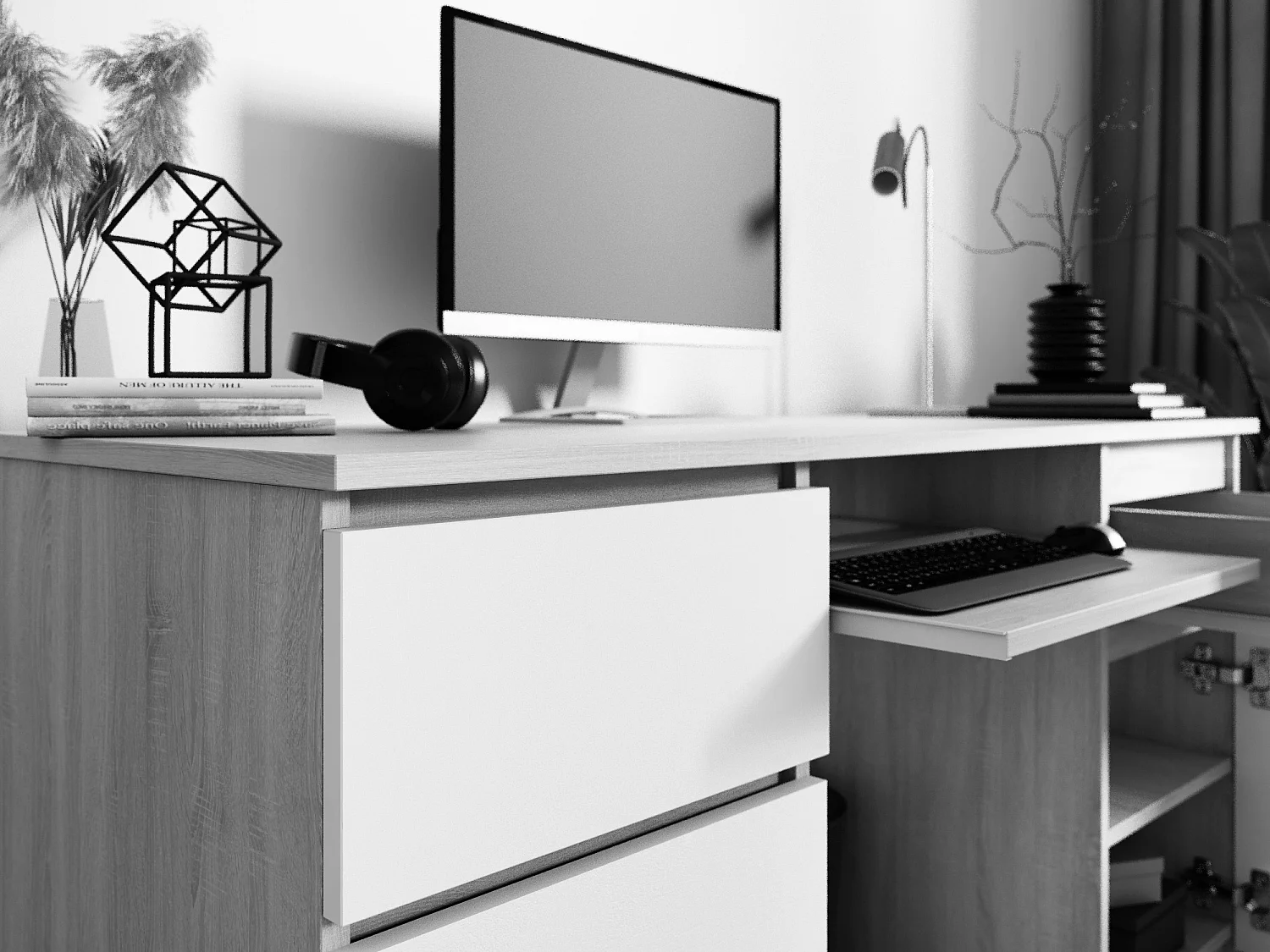 Bureau : 2 Tiroirs, Blanc Mat / Blanc Brillant, 135 x 77 x 50 cm