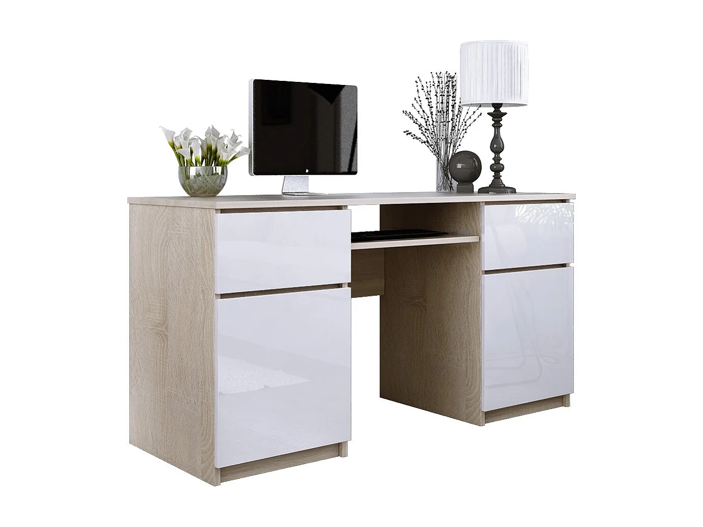 Bureau : 2 Tiroirs, Chêne Sonoma / Blanc Brillant, 135 x 77 x 50 cm