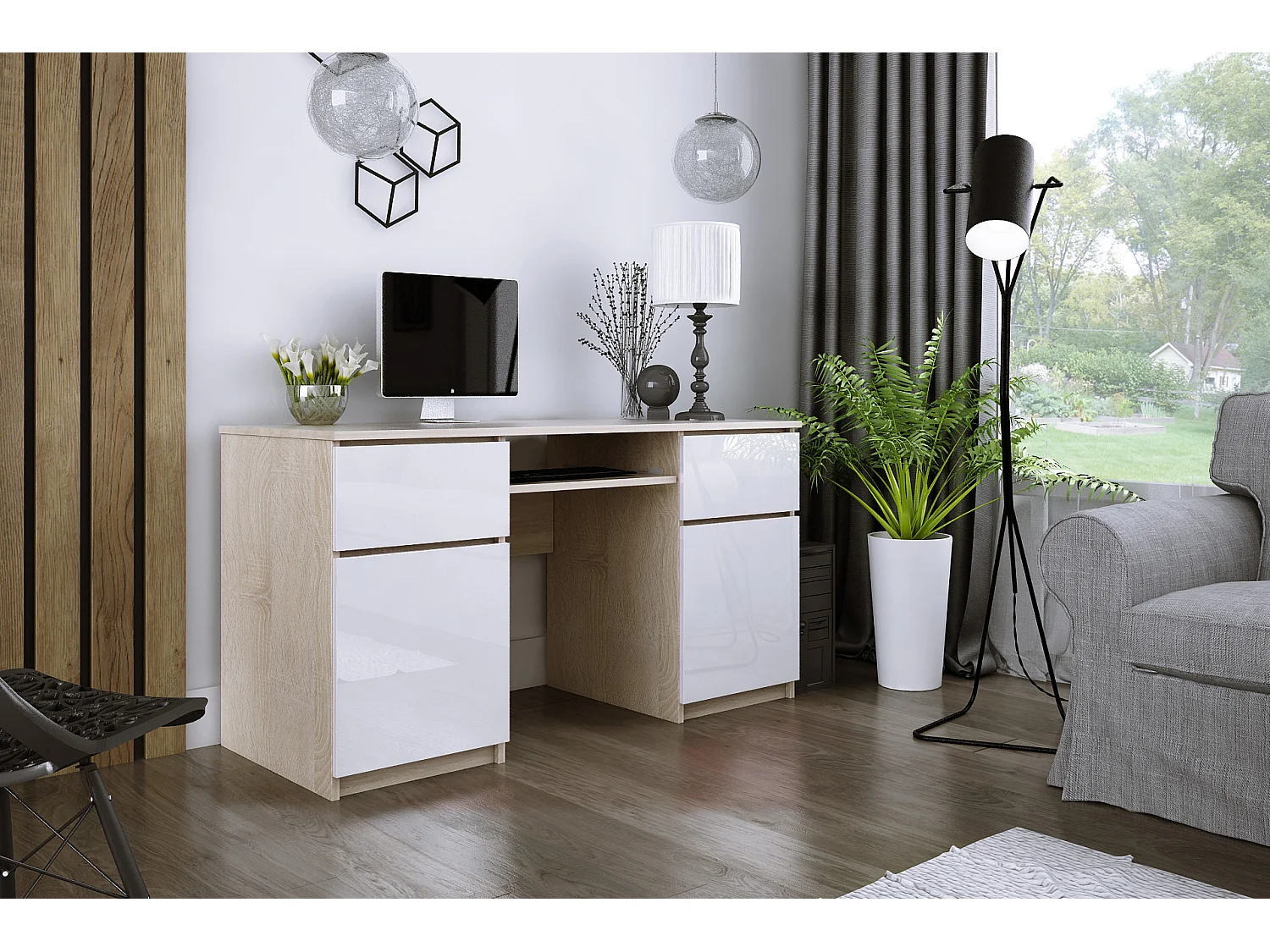 Bureau : 2 Tiroirs, Chêne Sonoma / Blanc Brillant, 135 x 77 x 50 cm