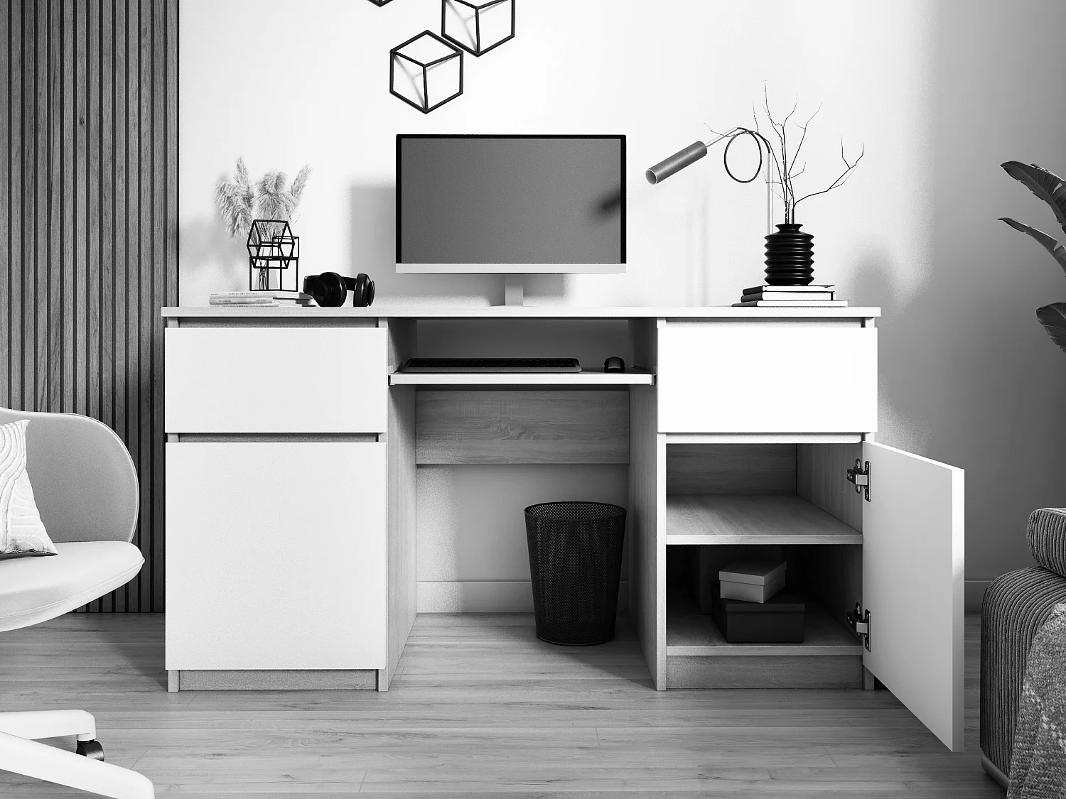 Bureau : 2 Tiroirs, Chêne Sonoma / Blanc Brillant, 135 x 77 x 50 cm