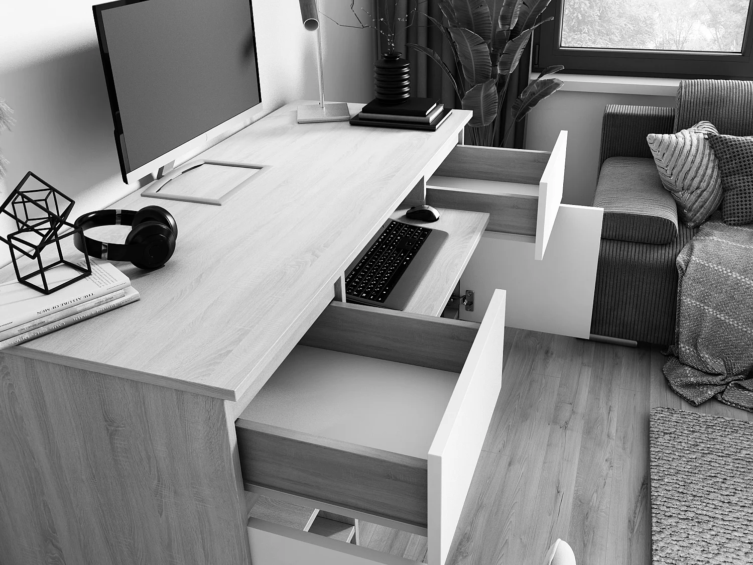 Bureau : 2 Tiroirs, Chêne Sonoma / Blanc Brillant, 135 x 77 x 50 cm