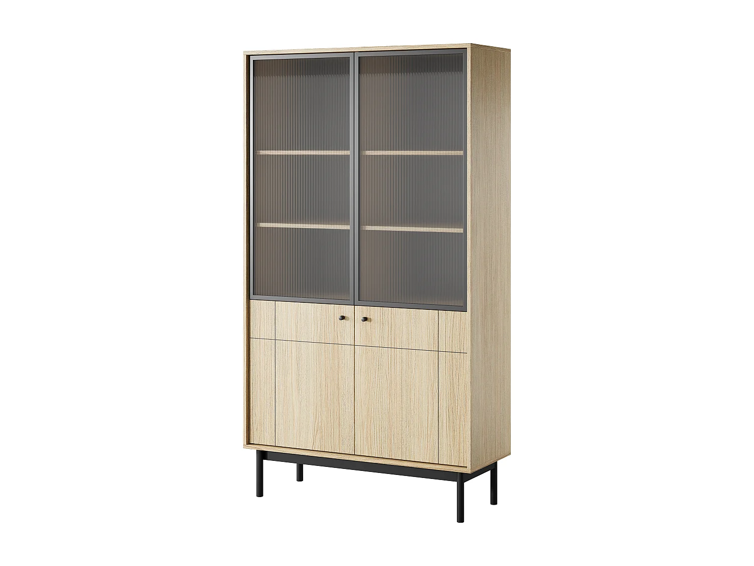 Vitrine: Farbe: Eiche Linea, schwarze Beine, 103,5 x 184,6 x 39 cm