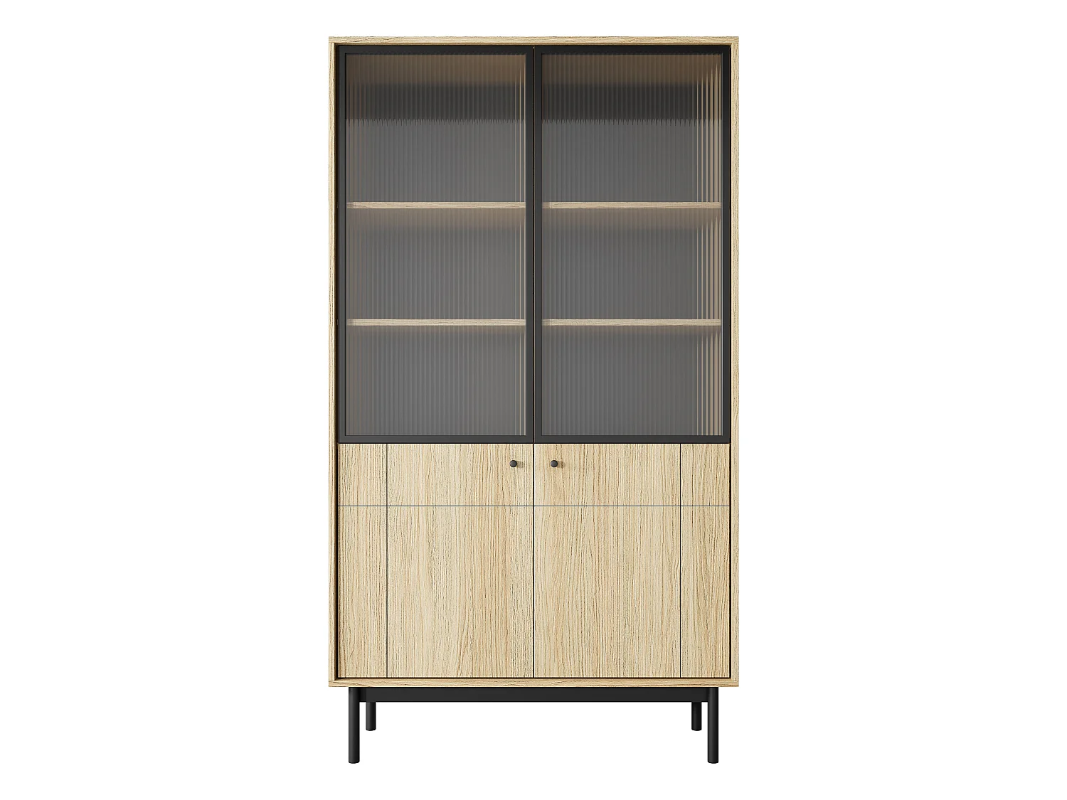 Vitrine: Farbe: Eiche Linea, schwarze Beine, 103,5 x 184,6 x 39 cm