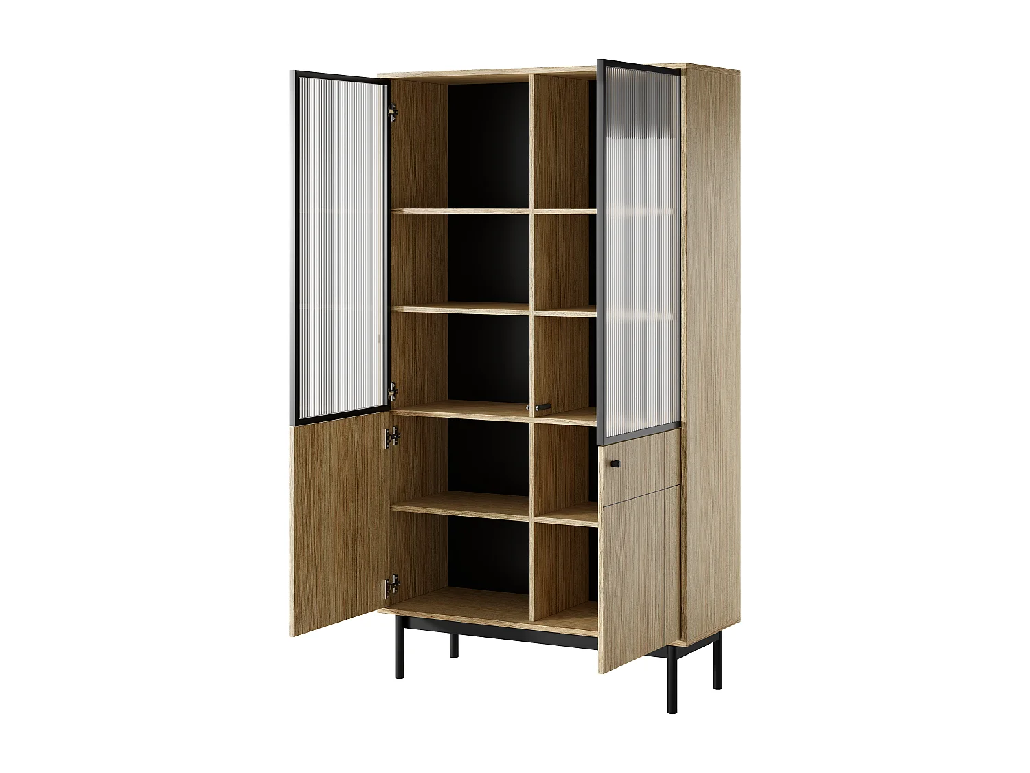 Vitrine: Farbe: Eiche Linea, schwarze Beine, 103,5 x 184,6 x 39 cm