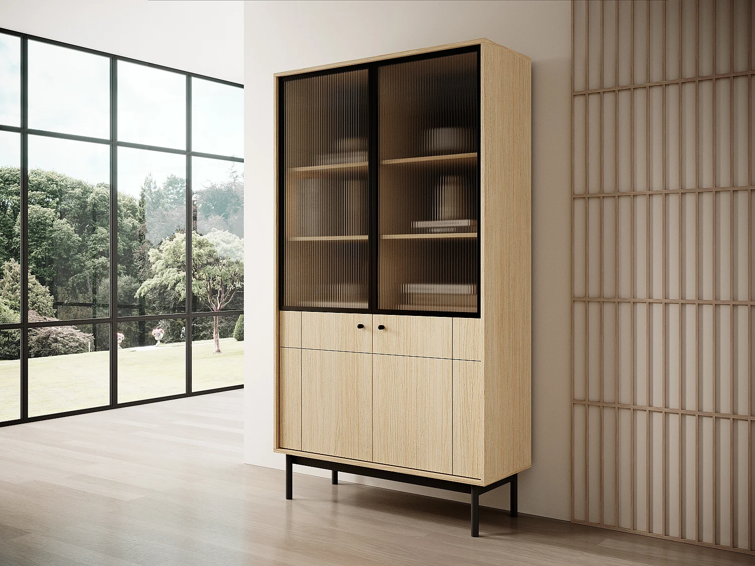 Vitrineskab: farve: linea eg, sorte ben, 103,5 x 184,6 x 39 cm