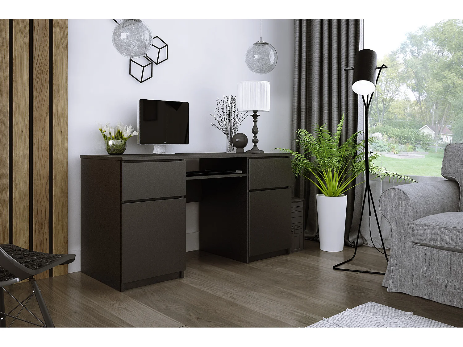 Bureau : 2 Tiroirs, Noir Mat, 135 x 77 x 50 cm