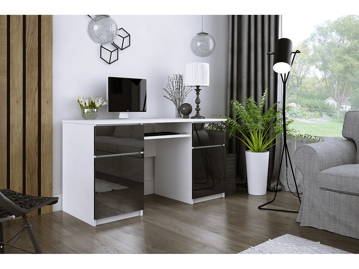 Bureau : 2 Tiroirs, Blanc Mat / Noir Brillant, 135 x 77 x 50 cm