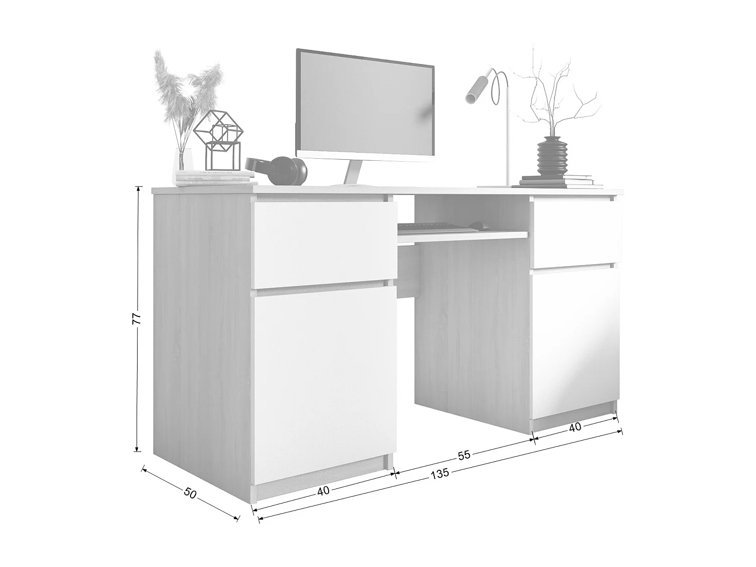 Bureau : 2 Tiroirs, Noir Mat/ Gris Brillant, 135 x 77 x 50 cm