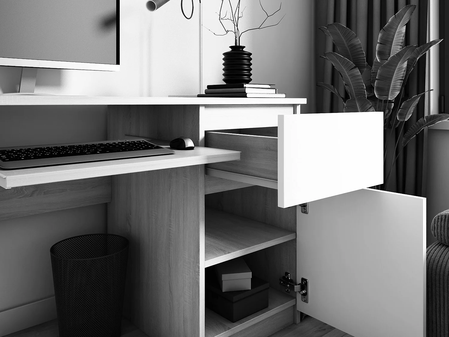 Bureau : 2 Tiroirs, Noir Mat/ Gris Brillant, 135 x 77 x 50 cm