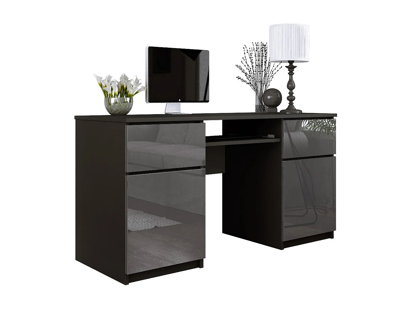 Bureau : 2 Tiroirs, Noir Mat/ Gris Brillant, 135 x 77 x 50 cm