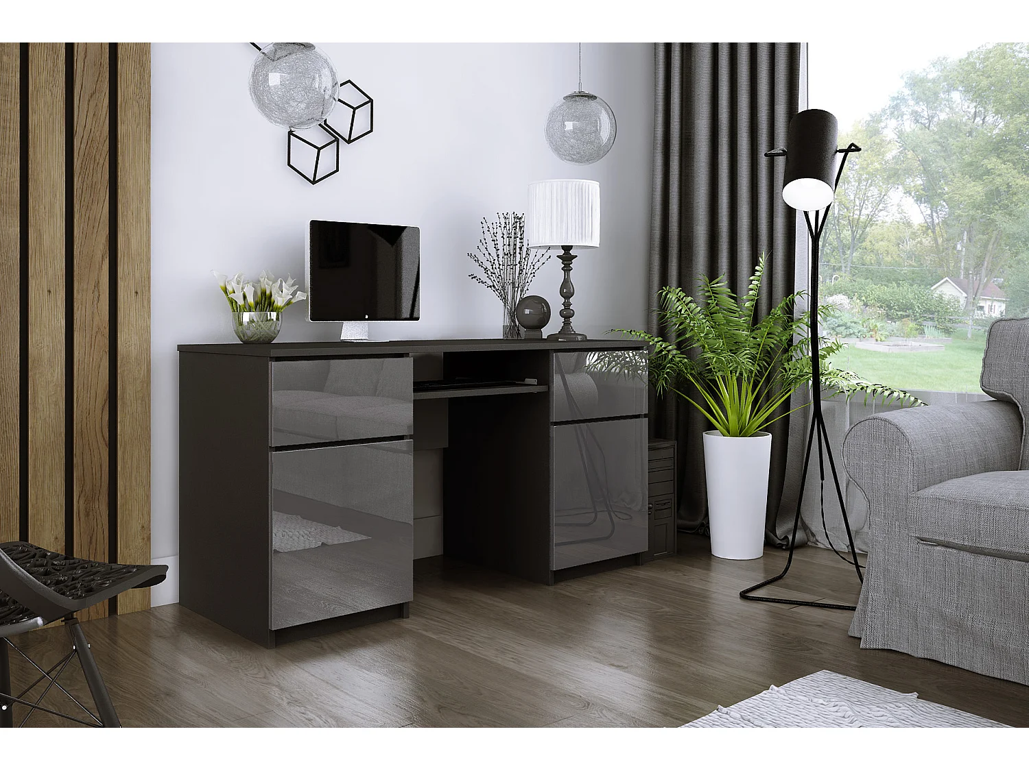 Bureau : 2 Tiroirs, Noir Mat/ Gris Brillant, 135 x 77 x 50 cm