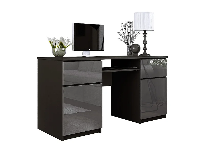 Bureau : 2 Tiroirs, Noir Mat/ Gris Brillant, 135 x 77 x 50 cm