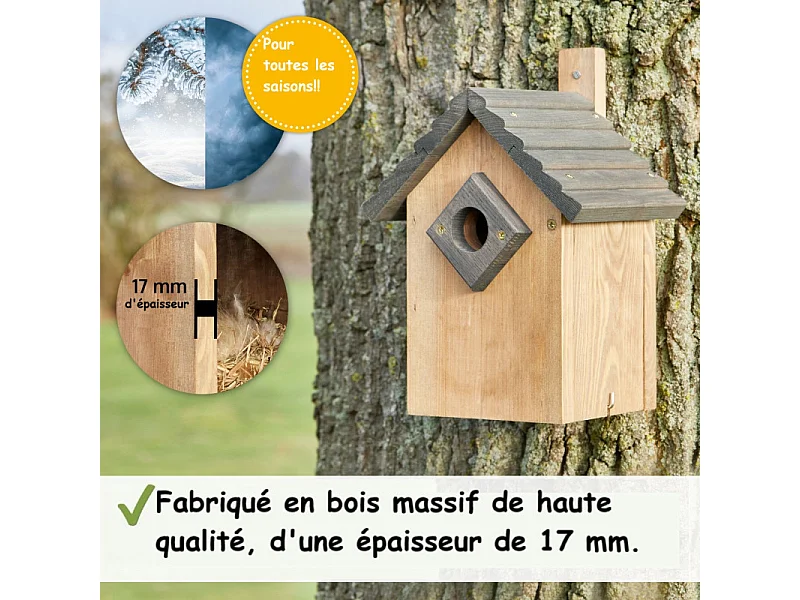 Mangeoire oiseaux extérieur à suspendre pour oiseaux sauvages en bois massif toit gris