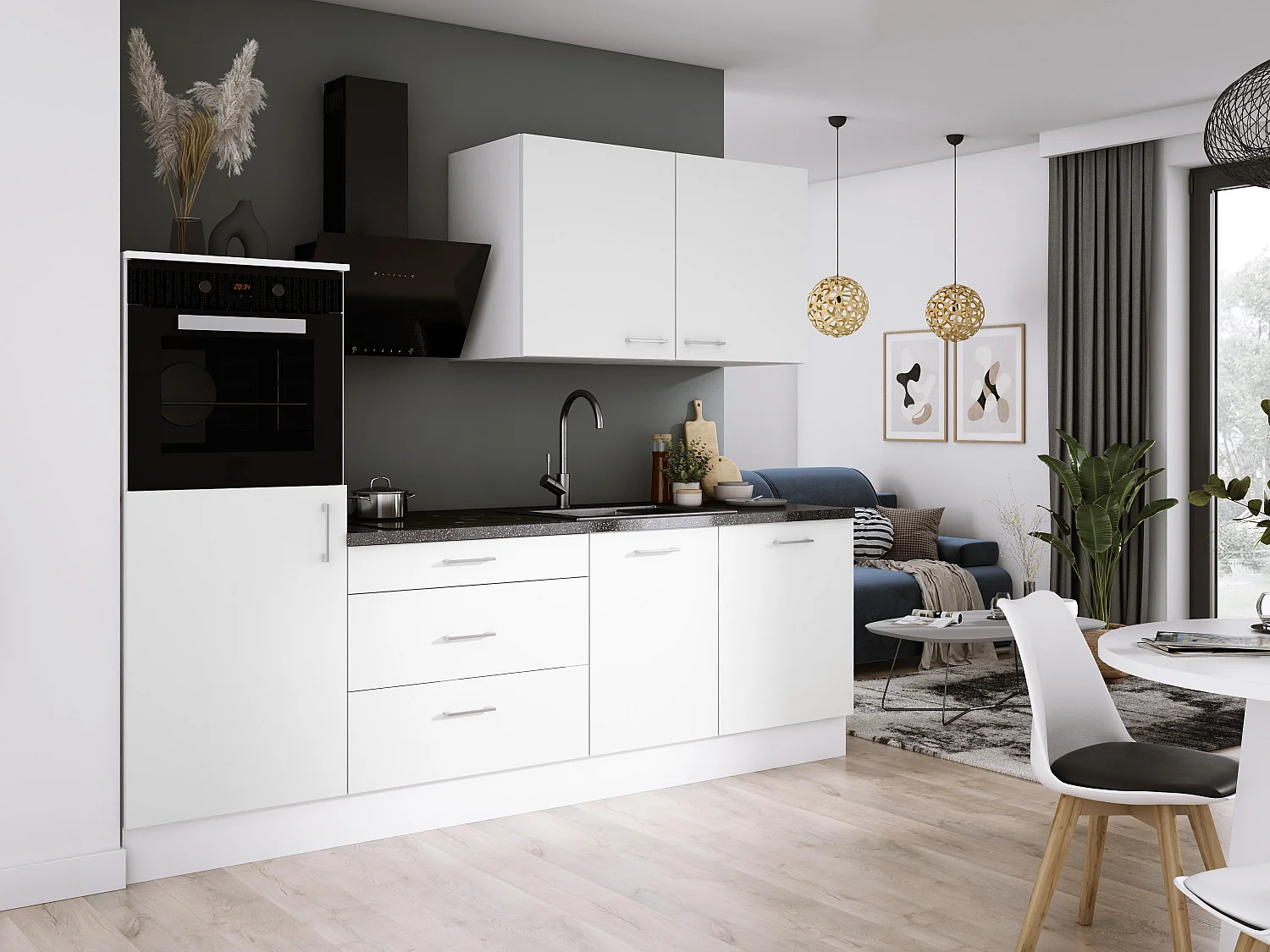 Ensemble de cuisine : Blanc Mat, d : l : 250 cm, h : 220 cm, p : 60 cm