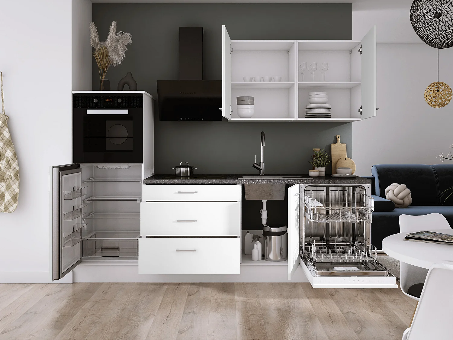 Ensemble de cuisine : Blanc Mat, d : l : 250 cm, h : 220 cm, p : 60 cm