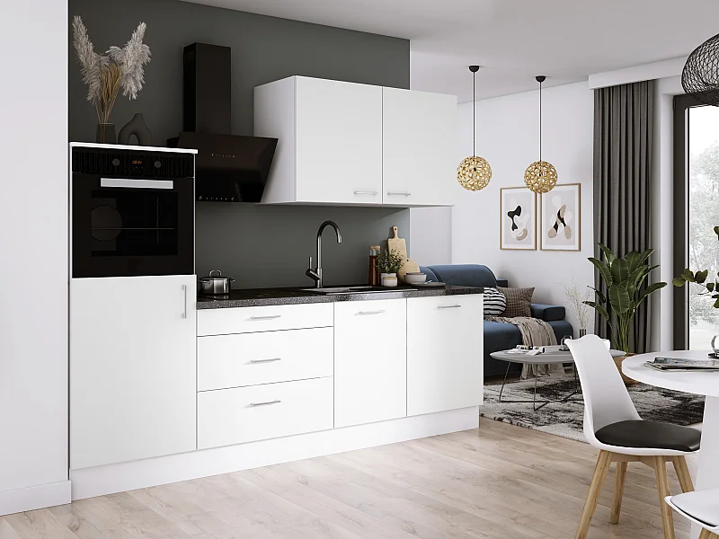 Ensemble de cuisine : Blanc Mat, d : l : 250 cm, h : 220 cm, p : 60 cm