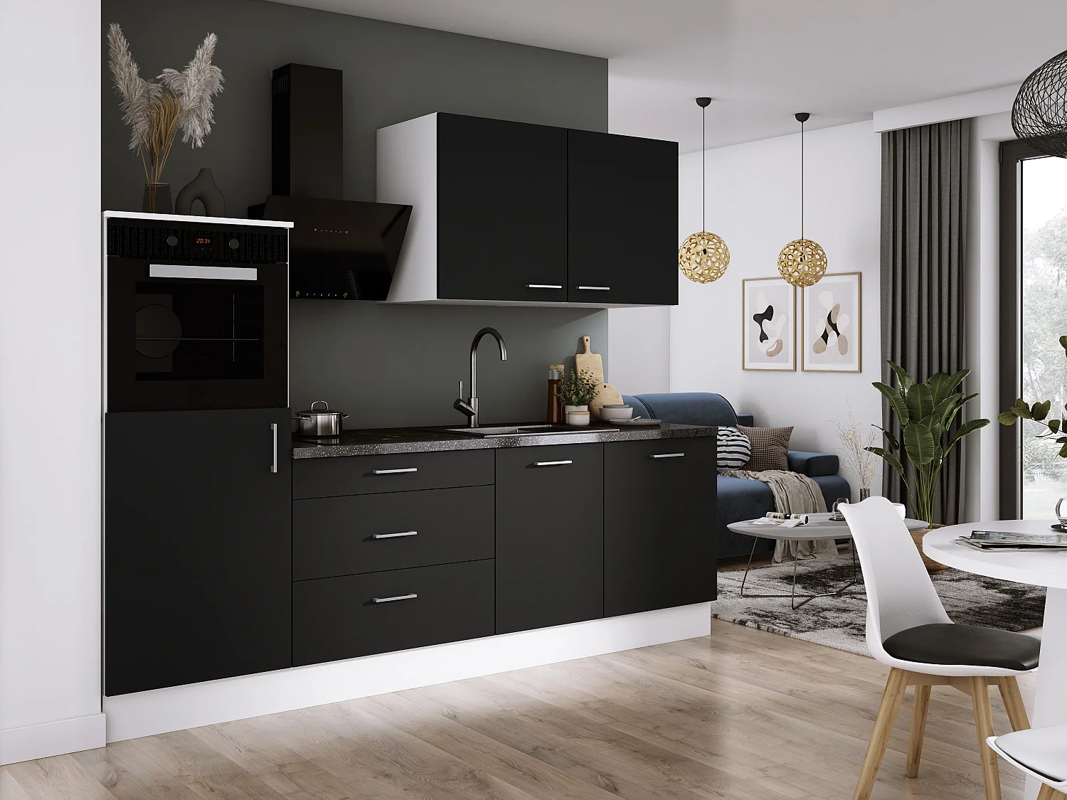 Ensemble de cuisine : Blanc Mat, Noir Mat, d : l : 250 cm, h : 220 cm, p : 60 cm