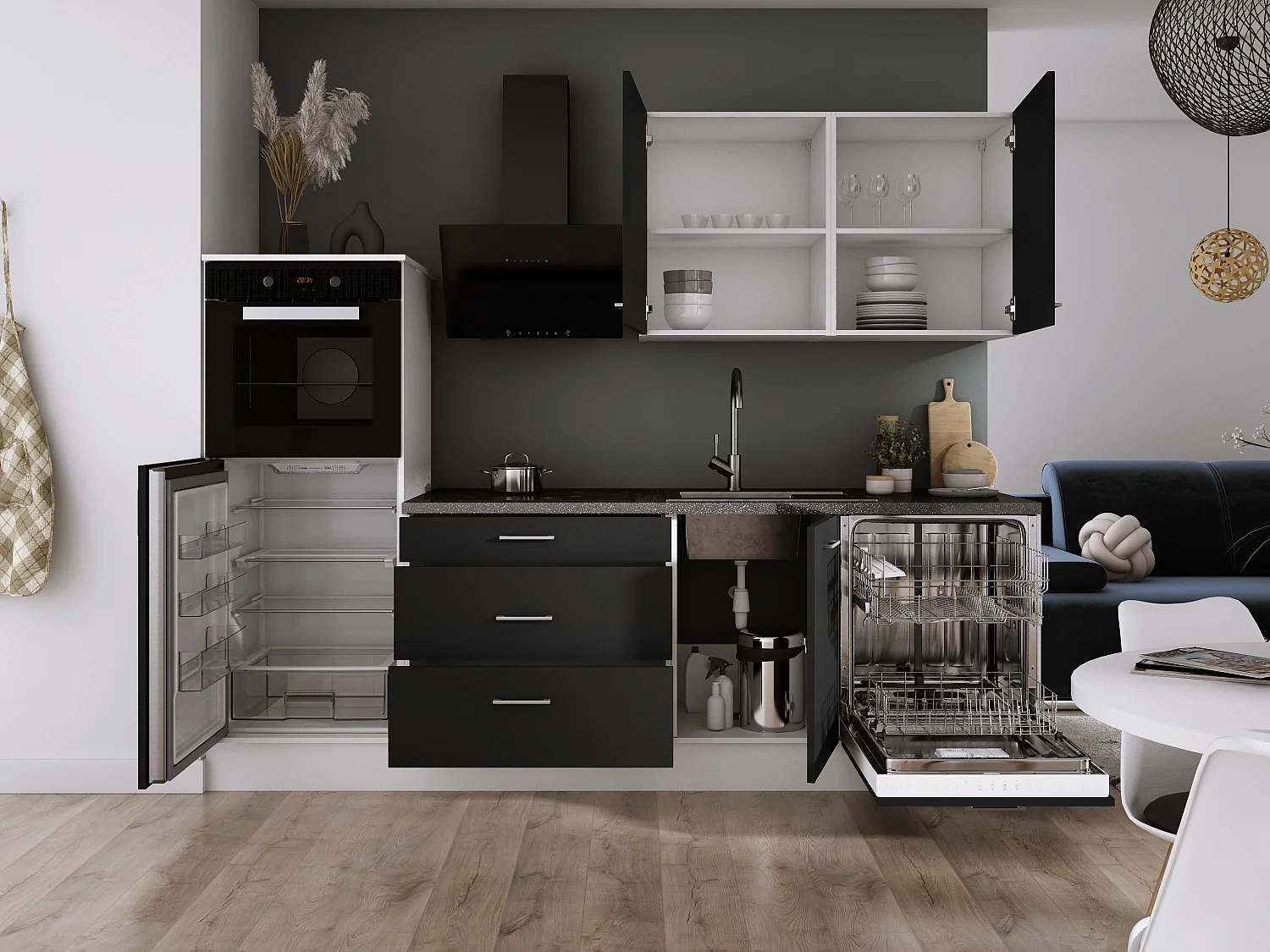 Ensemble de cuisine : Blanc Mat, Noir Mat, d : l : 250 cm, h : 220 cm, p : 60 cm