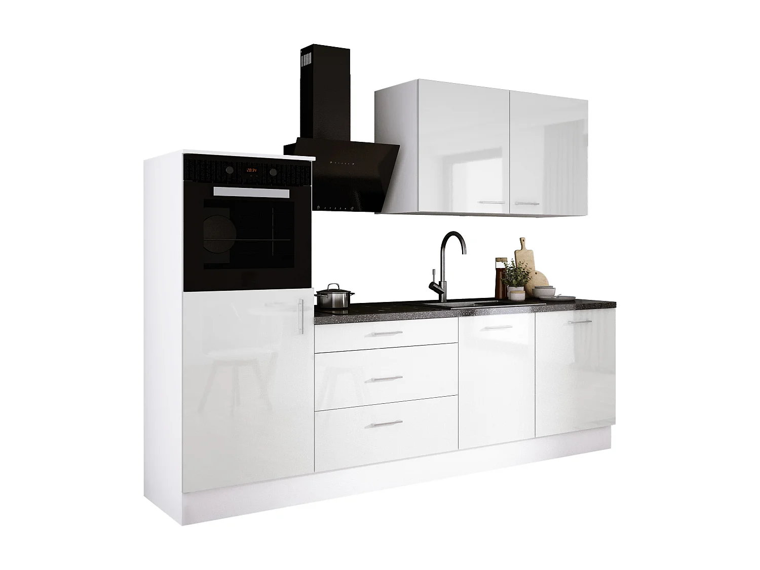 Ensemble de cuisine : Blanc Mat, Blanc Brillant, d : l : 250 cm, h : 220 cm, p : 60 cm