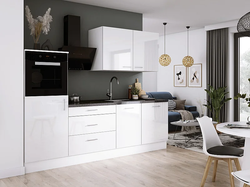 Ensemble de cuisine : Blanc Mat, Blanc Brillant, d : l : 250 cm, h : 220 cm, p : 60 cm