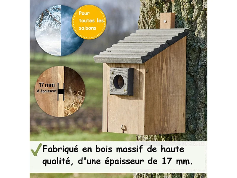 Mangeoire oiseaux extérieur à suspendre pour oiseaux sauvages en bois massif toit pente gris