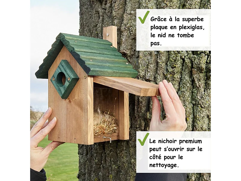 Mangeoire oiseaux extérieur à suspendre pour oiseaux sauvages en bois massif toit vert