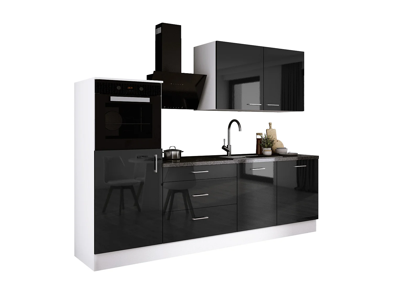 Ensemble de cuisine : Blanc Mat, Noir Brillant, d : l : 250 cm, h : 220 cm, p : 60 cm
