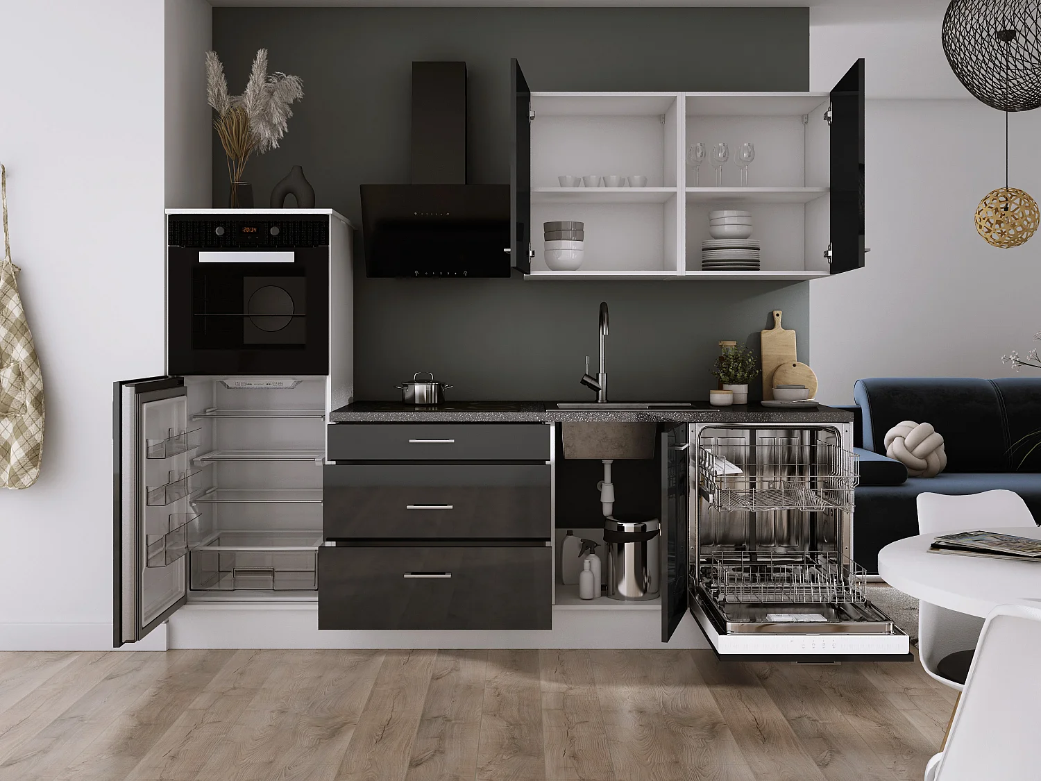 Ensemble de cuisine : Blanc Mat, Noir Brillant, d : l : 250 cm, h : 220 cm, p : 60 cm