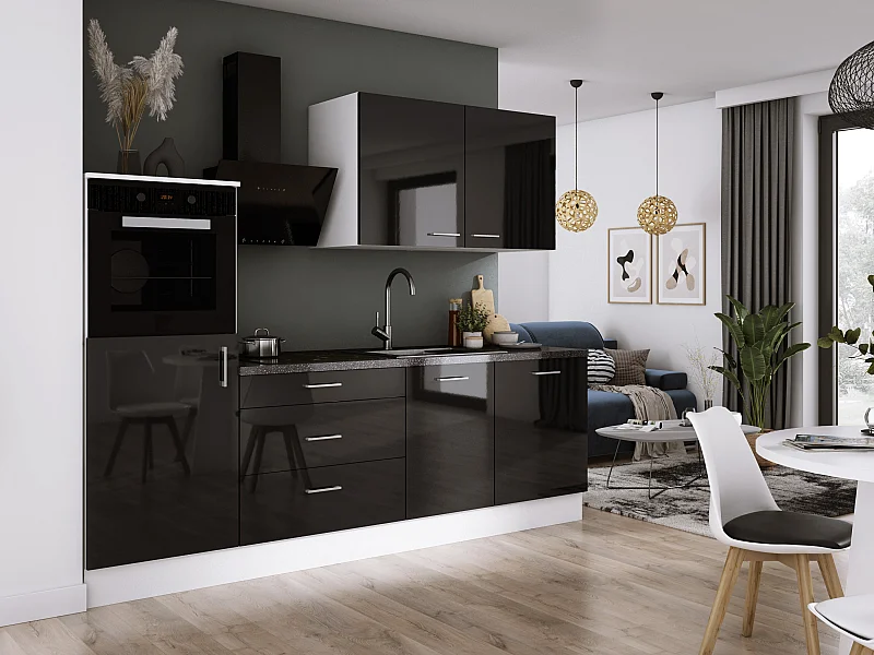 Ensemble de cuisine : Blanc Mat, Noir Brillant, d : l : 250 cm, h : 220 cm, p : 60 cm