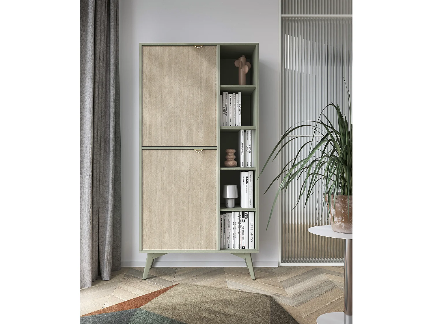 Bibliothèque : Eucalyptus / Chevrons scandi, Pieds Bois, 80 x 160 x 38cm