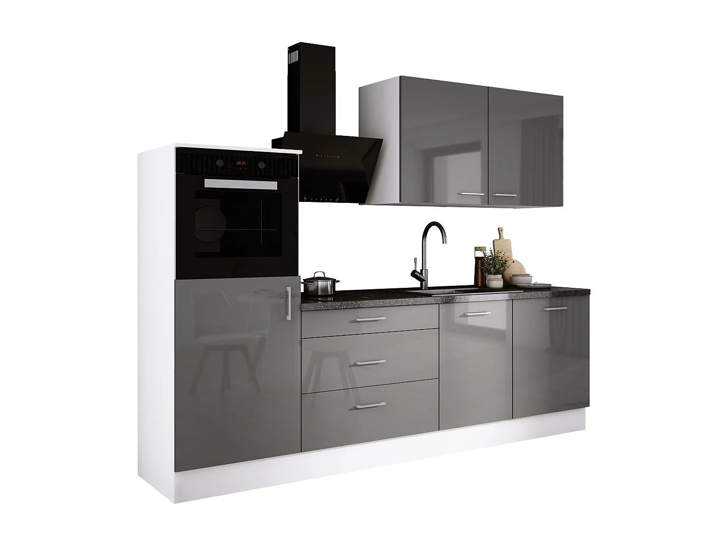 Ensemble de cuisine : Blanc Mat, Gris Brillant,  d : l : 250 cm, h : 220 cm, p : 60 cm