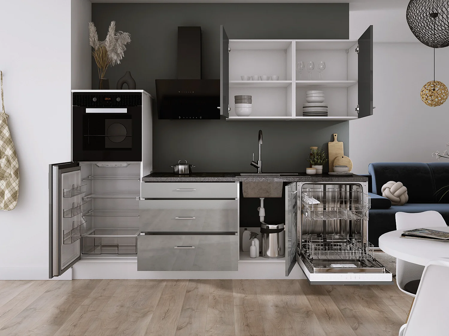 Ensemble de cuisine : Blanc Mat, Gris Brillant,  d : l : 250 cm, h : 220 cm, p : 60 cm