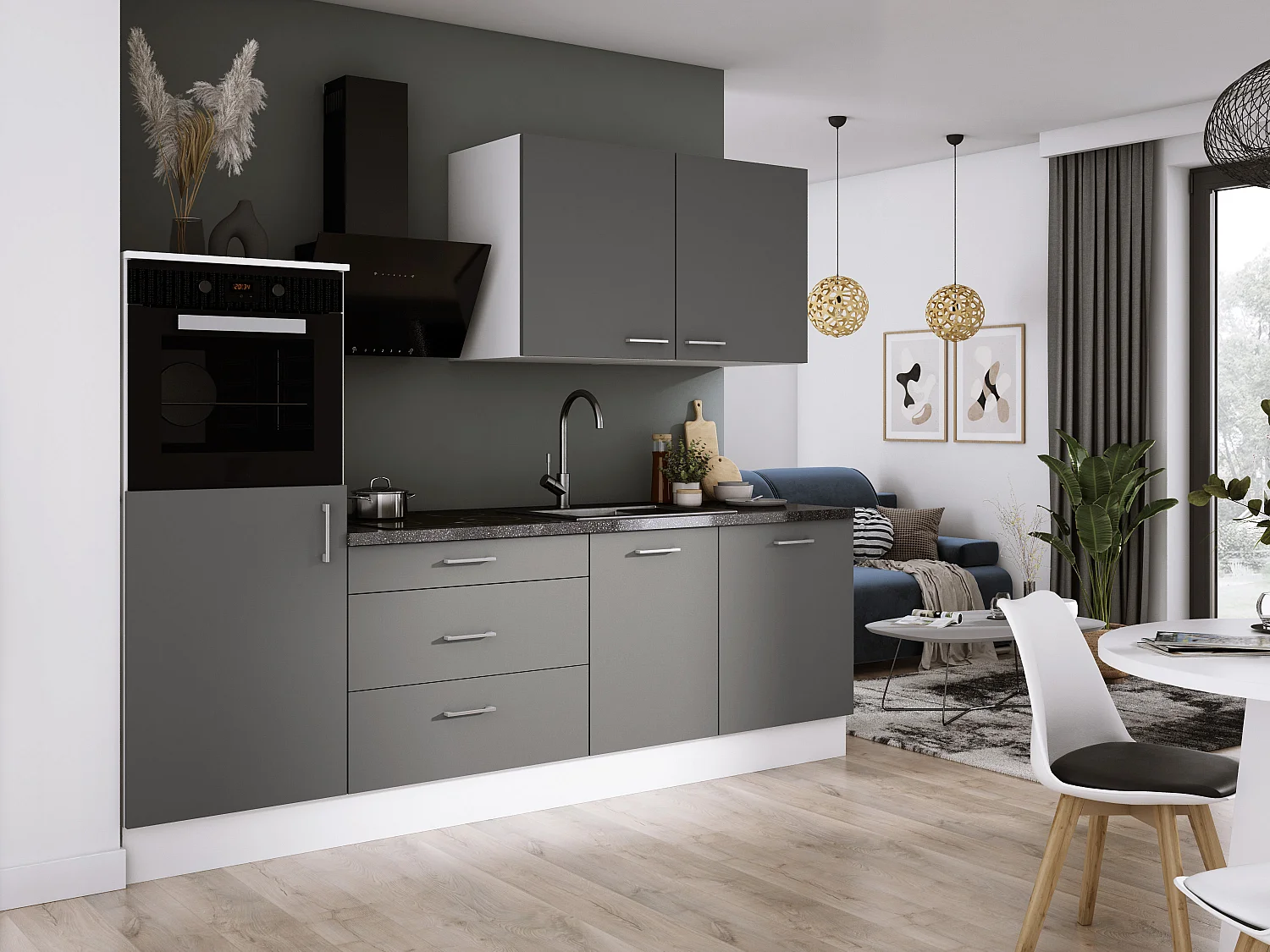 Ensemble de cuisine : Blanc Mat, Gris Mat, d : l : 250 cm, h : 220 cm, p : 60 cm