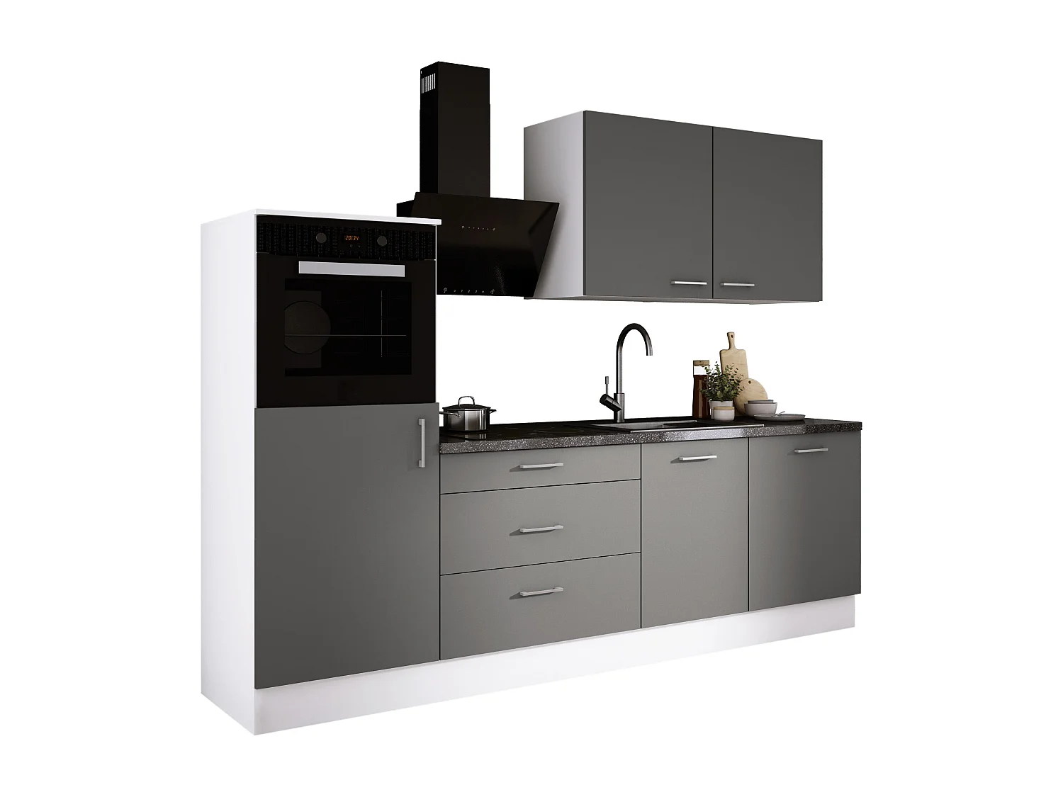 Ensemble de cuisine : Blanc Mat, Gris Mat, d : l : 250 cm, h : 220 cm, p : 60 cm