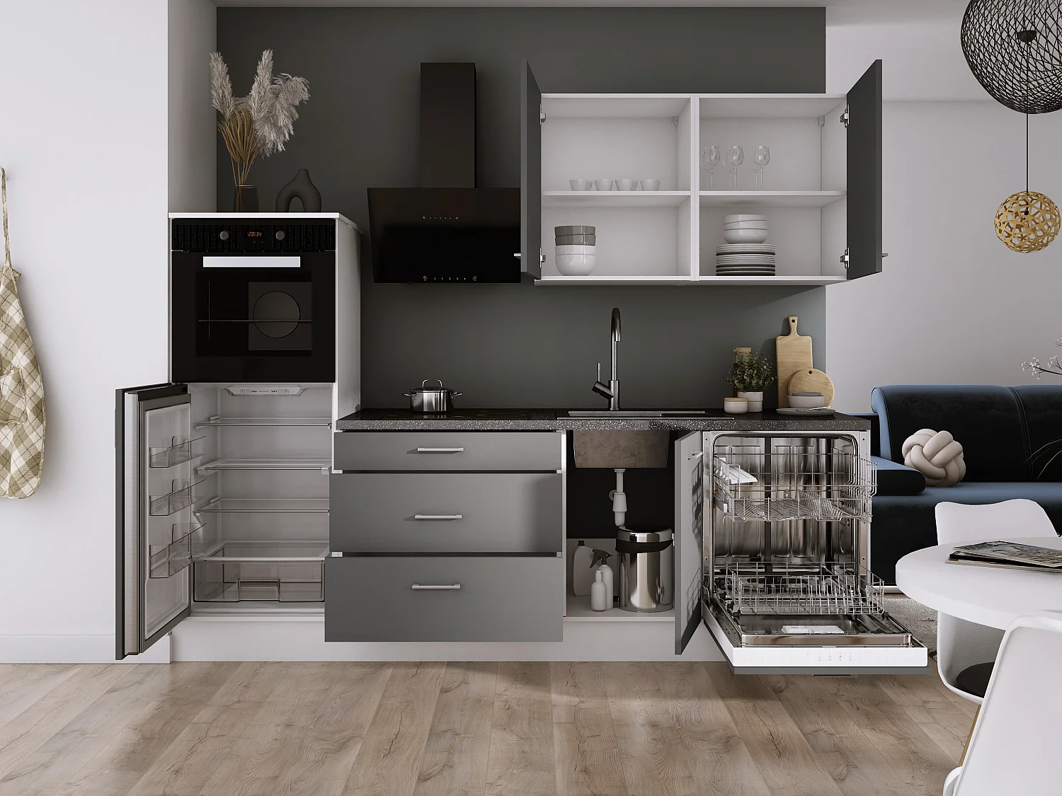 Ensemble de cuisine : Blanc Mat, Gris Mat, d : l : 250 cm, h : 220 cm, p : 60 cm