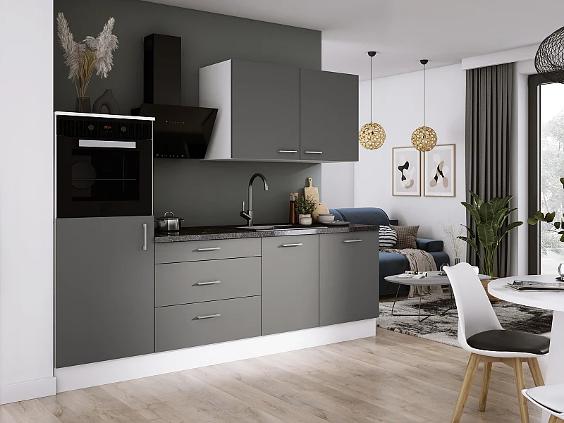 Ensemble de cuisine : Blanc Mat, Gris Mat, d : l : 250 cm, h : 220 cm, p : 60 cm