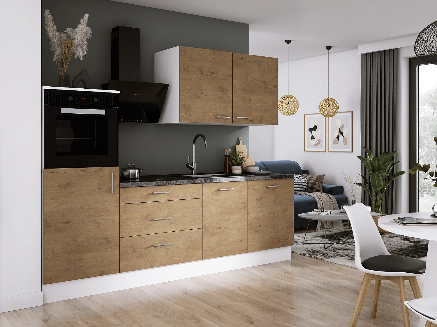 Ensemble de cuisine : Blanc Mat, Chêne Lancelot, d : l : 250 cm, h : 220 cm, p : 60 cm