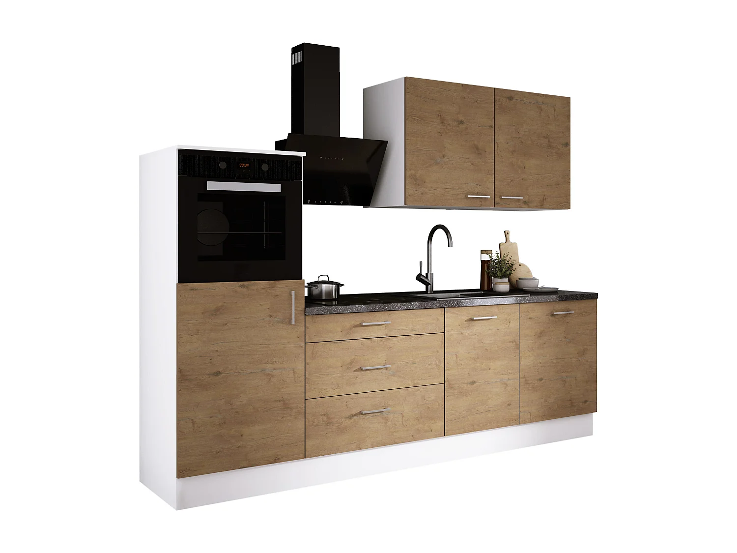 Ensemble de cuisine : Blanc Mat, Chêne Lancelot, d : l : 250 cm, h : 220 cm, p : 60 cm