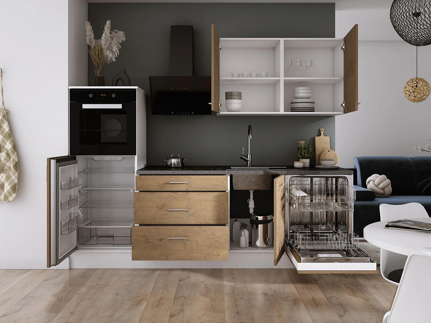 Ensemble de cuisine : Blanc Mat, Chêne Lancelot, d : l : 250 cm, h : 220 cm, p : 60 cm