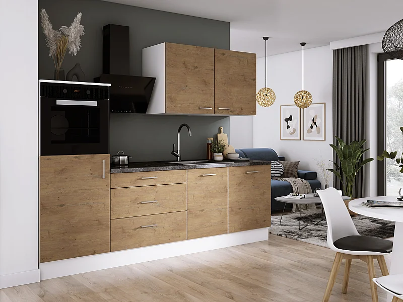 Ensemble de cuisine : Blanc Mat, Chêne Lancelot, d : l : 250 cm, h : 220 cm, p : 60 cm