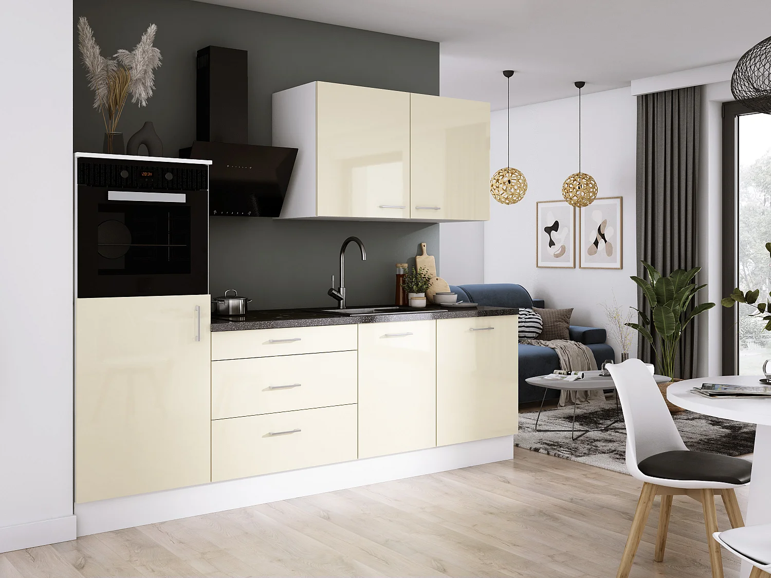 Ensemble de cuisine : Blanc Mat, Crème Brillant, d : l : 250 cm, h : 220 cm, p : 60 cm