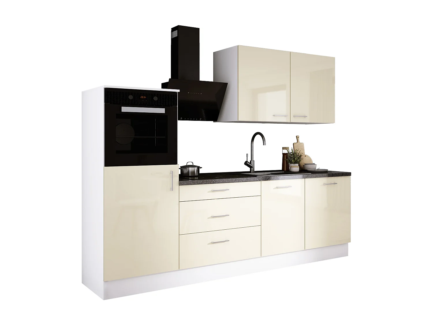 Ensemble de cuisine : Blanc Mat, Crème Brillant, d : l : 250 cm, h : 220 cm, p : 60 cm