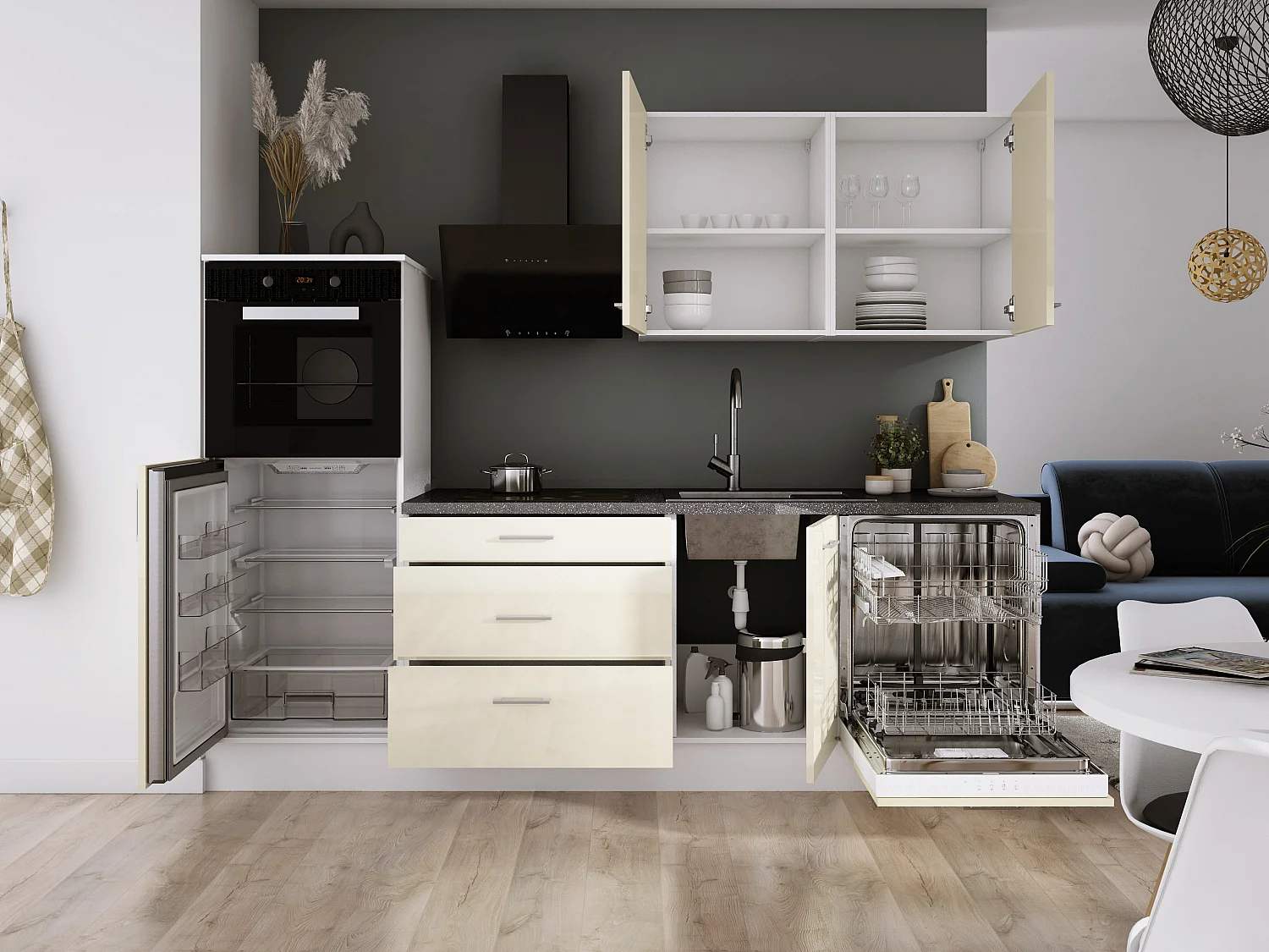 Ensemble de cuisine : Blanc Mat, Crème Brillant, d : l : 250 cm, h : 220 cm, p : 60 cm