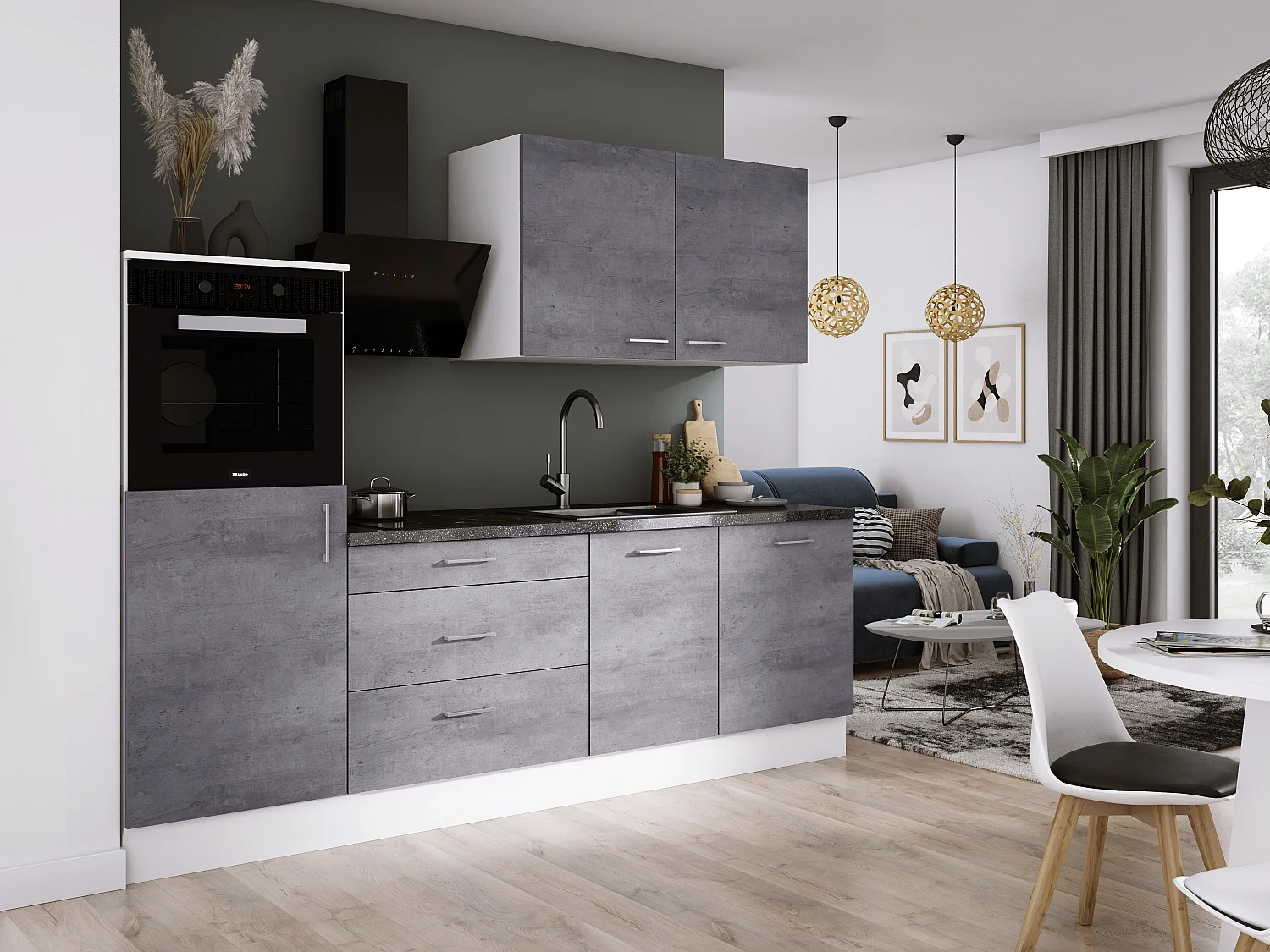 Ensemble de cuisine : Blanc Mat, Béton, d : l : 250 cm, h : 220 cm, p : 60 cm